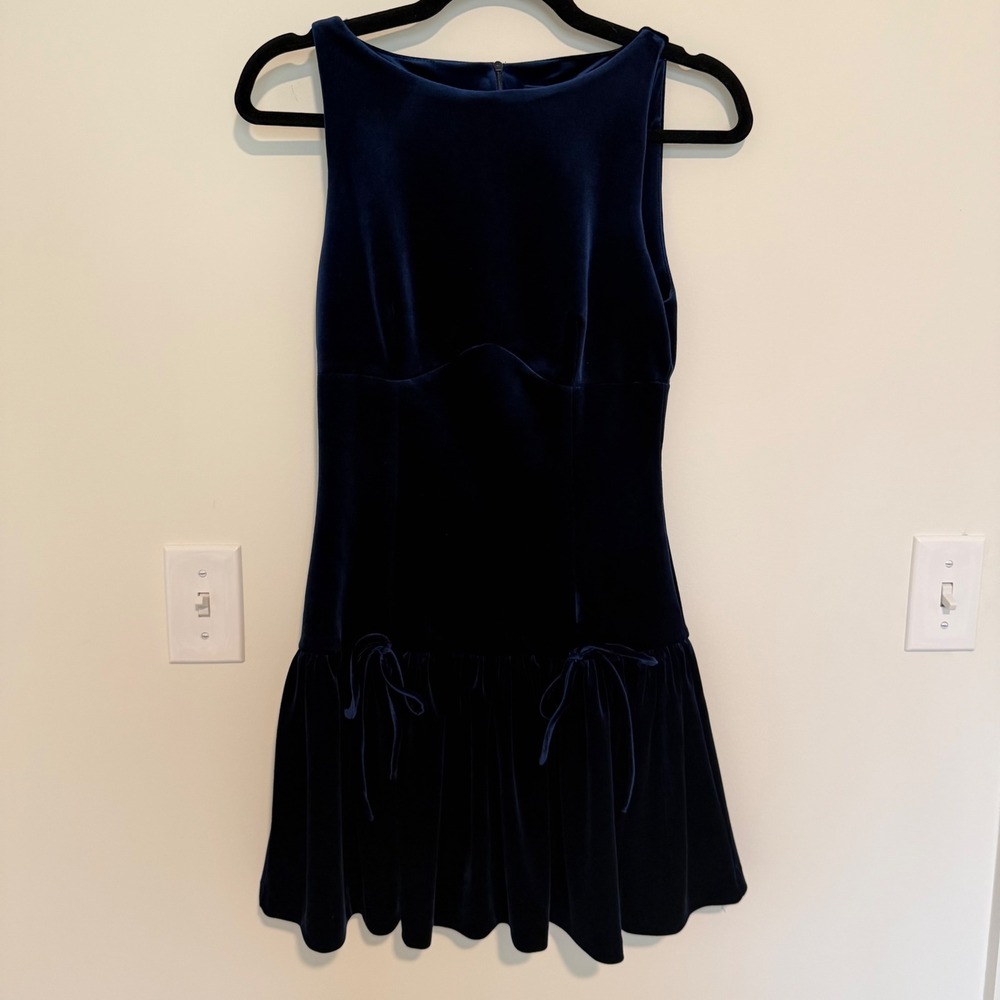 Zara Navy Blue Velvet Mini Dress Sleeveless Drop Waist Bow Detail Womens XS